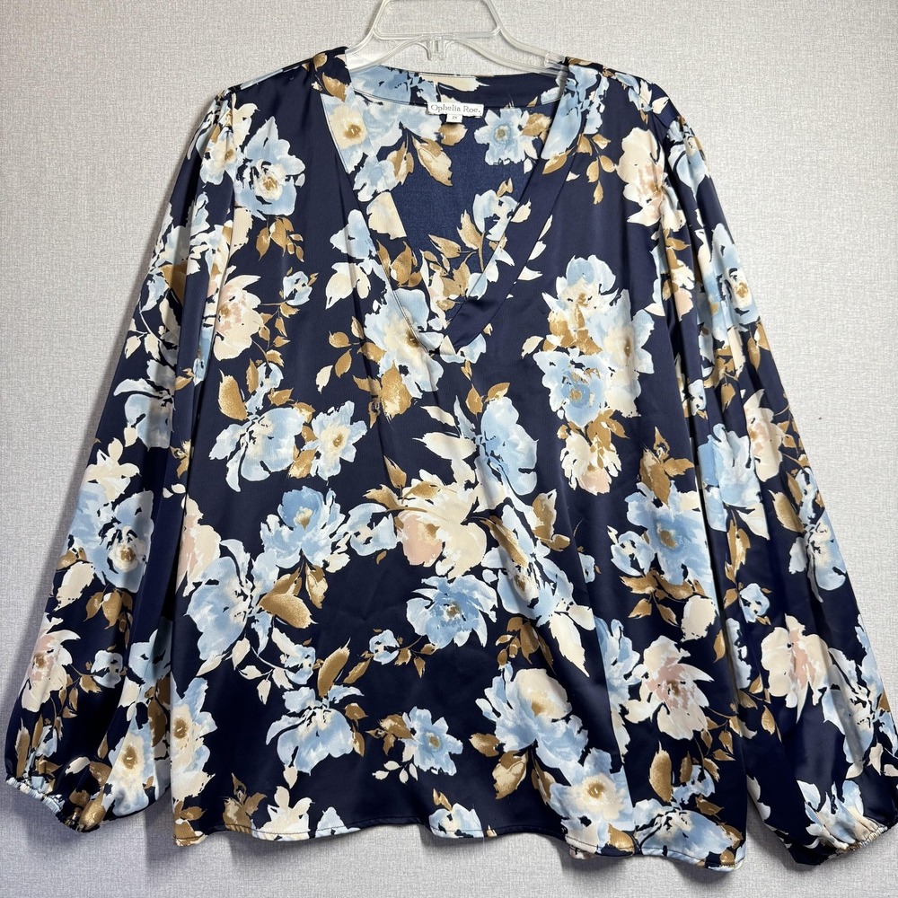 Ophelia Roe Blouse Womens 2X Blue Floral V Neck Long Sleeve Tunic Top Boho